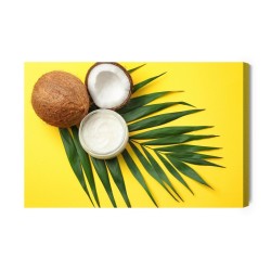 Leinwandbild Blatt- Und Kokosnussfrucht Auf Gelbem Hintergrund