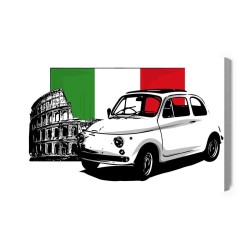 Leinwandbild Retro-Auto Auf Dem Hintergrund Der Italienischen Flagge Und Des Kolosseums
