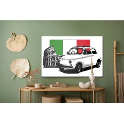Leinwandbild Retro-Auto Auf Dem Hintergrund Der Italienischen Flagge Und Des Kolosseums