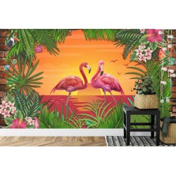 Fototapete Flamingos Hinter Einer Backsteinmauer