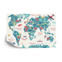 Fototapete Map Of The World Wallpaper Design For Childrens Room. Cute Design  Animals And Builds  Culture  Mural Art.