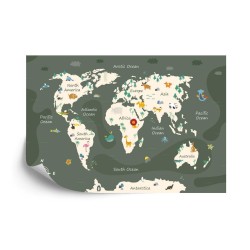 Fototapete The World Map With Cartoon Animals For Kids  Nature  Discovery And Continent Name  Ocean Name. Childrens Map 
