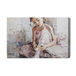 Leinwandbild Little Ballerina With Curly Hair Sits And Fastens Pointe Shoes