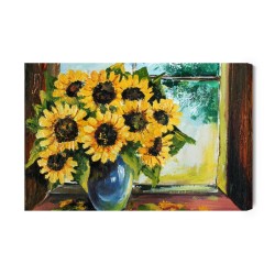 Leinwandbild Sonnenblumen In Einer Vase Am Fenster