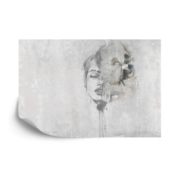 Fototapete Spectacular Watercolor Woman Face With White Flower. Digital Art