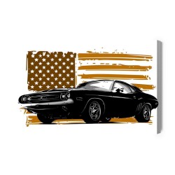 Leinwandbild Ein Amerikanisches Muscle-Car Vor Einer Beigen Us-Flagge