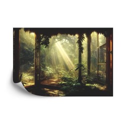 Fototapete A Large Arch-Shaped Window  A Portal In The Dark Mystical Forest  The Suns Rays Pass Through The Window And T