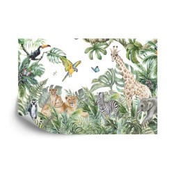 Fototapete Childrens Wallpaper  Watercolor Jungle And Animals. Lions  Giraffe  Elephant  Parrots  Zebra  Lemur