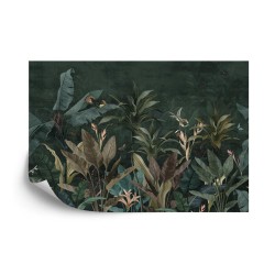 Fototapete Wallpaper Palm Tropical Forest Vintage Jungle Pattern With Birds Dark Mood