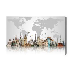 Leinwandbild Berühmte Gebäude Im Hintergrund Der Weltkarte