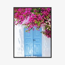 Poster Blaue Türen Und Rosa Blumen Traditionelle Griechische Architektur