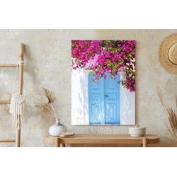 Poster Blaue Türen Und Rosa Blumen Traditionelle Griechische Architektur