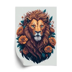 Poster Kopf Eines Roten Löwen Mit Mähne Und Blumen