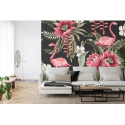 Fototapete Tropische Blumen Und Vintage-Flamingos