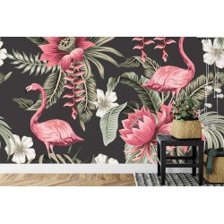 Fototapete Tropische Blumen Und Vintage-Flamingos