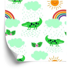 Tapete Für Kinder  Krokodile  Wolken  Regenbogenblumen