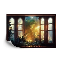 Fototapete A Large Arch-Shaped Window  A Portal In The Dark Mystical Forest  The Suns Rays Pass Through The Window And T