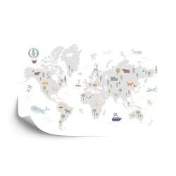 Fototapete World Map With Cute Animals In Cartoon Style. Map For Nursery  Kids Room With Nature  Animals  Transports. Sk