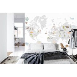 Fototapete World Map With Cute Animals In Cartoon Style. Map For Nursery  Kids Room With Nature  Animals  Transports. Sk