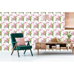 Tapete Für Den Salon Flamingos Flowers Greenery