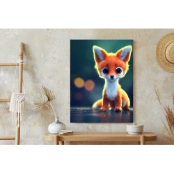 Poster Tiny Cute Adorable Fox In An Autumn Oak Forest  Intricate Details. Cartoon Big Eyed Close Up Portrait. Soft Cinem