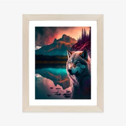 Poster Majestätischer Wolf Beleuchtet Mit Lebendigem  Farbenfrohem Licht In Den Bergen