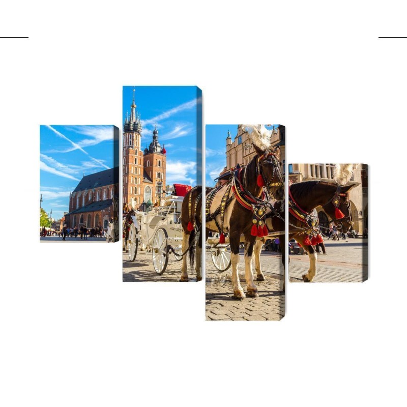 Mehrteiliges Bild Pferdekutschen Auf Dem Marktplatz In Krakau