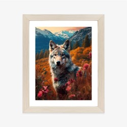 Poster Wolf In Der Natur In Einem Gebirgstal Zwischen Blumen