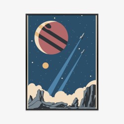 Poster Raketen Planeten Und Sterne Im Retro-Stil Rahmen Aluminium Farbe Schwarz