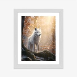 Poster Weißer Wolf Steht Auf Einem Felsen Im Wald