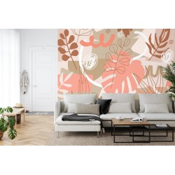 Fototapete Contemporary Collage Seamless Pattern. Terracotta Abstract Shapes  Tropical Leaves And Continuous Line Of Lea