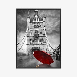 Poster Roter Regenschirm Auf Schwarz-Weißem Hintergrund Mit Tower Bridge