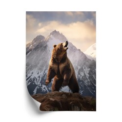 Poster Grizzlybär Auf Einer Schneebedeckten Bergkette