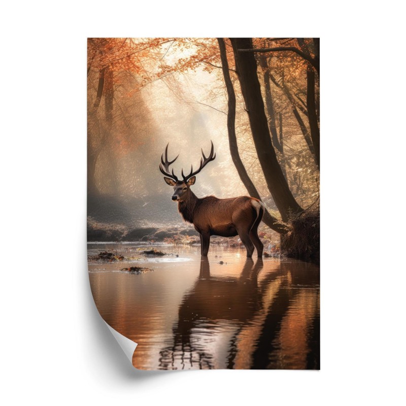 Poster Herbstwald Mit Einem Hirsch Im Wasser