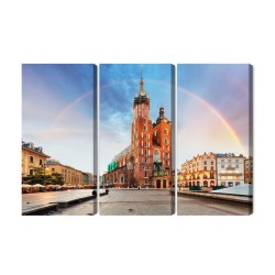 Mehrteiliges Bild Die Marienkirche In Krakau Vor Einem Regenbogenhintergrund