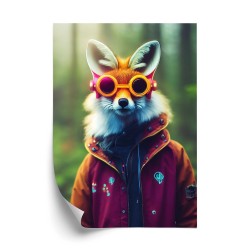 Poster Portrait Of A Fox Wearing A Cyberpunk Headset  Neon Virtual Glasses  And Cyberpunk Gear. High-Tech Fox. The Conce