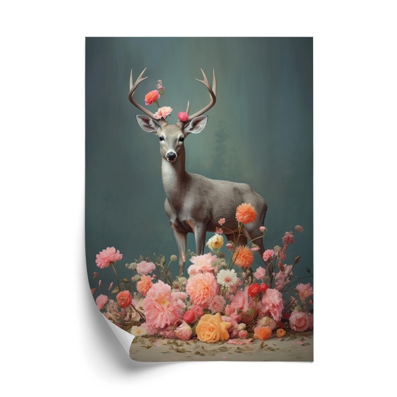 Poster Ein Hirsch Mit Geweih Und Vielen Blumen