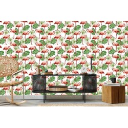 Tapete In Flamingos-Blättern Im Schlafzimmer Der Grünen Natur