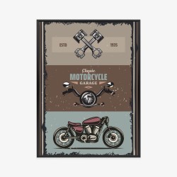 Poster Motorrad Mit Zubehör Und Vintage-Schriftzug Rahmen Aluminium Farbe Schwarz