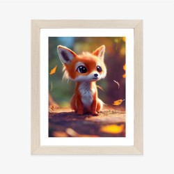 Poster Tiny Cute Adorable Fox In An Autumn Oak Forest  Intricate Details. Cartoon Big Eyed Close Up Portrait. Soft Cinem