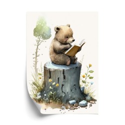 Poster Ein Bär Liest Märchen Auf Einem Baumstamm