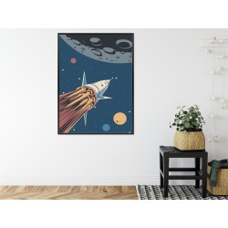Poster Weltraumrakete Und Planeten Im Retrostil Rahmen Aluminium Farbe Schwarz