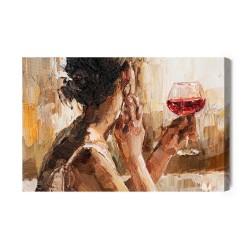 Leinwandbild Fragment Of Artwork Where Beautiful Attractive Young Woman Holding A Glass Of Wine. Oil Painting On Canvas.