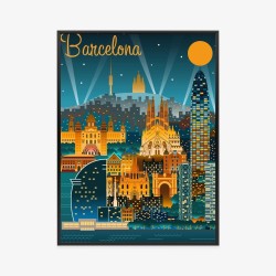 Poster Barcelona Bei Nacht Mit Beleuchteten Gebäuden